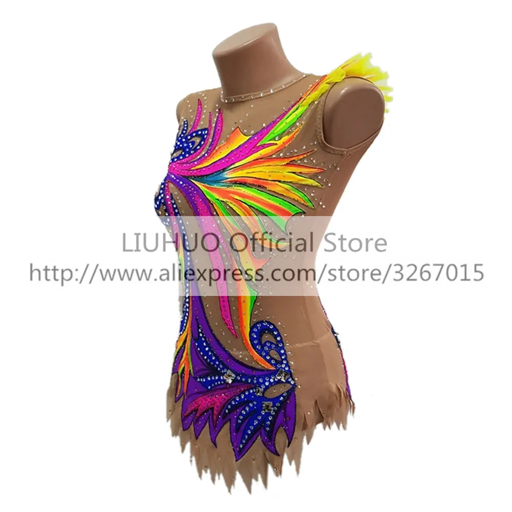 LIUHUO Women\'s Girls\' performance Rhythmic gymnastics competition Leotard Artistic Costume Ice Skating Dress CrystalsMulticolor