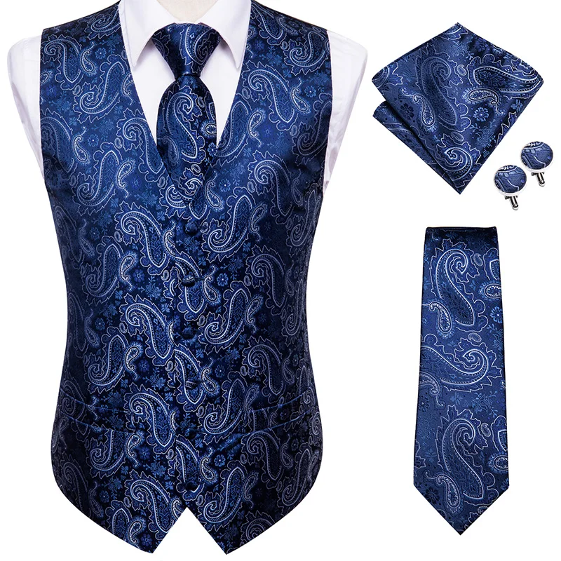 Hi-Tie Burgundy Paisley Floral Silk Men\'s Slim Waistcoat Necktie Set For Suit Dress Wedding 4PCS Vest Necktie Hanky Cufflink Set