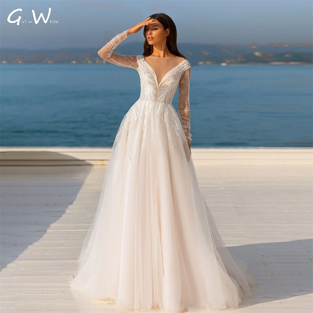 Nova chegada de luxo pérolas vestido de casamento de manga cheia 2021 princesa v-neck miçangas rendas apliques do vintage vestidos de novia