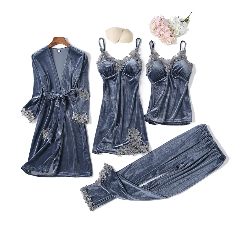 Casual Velour Home Clothing 4pcs Sleep Set Intimate Lingerie Women Pajamas Suit Long Sleeve Lace Velvet Homewear Pyjamas