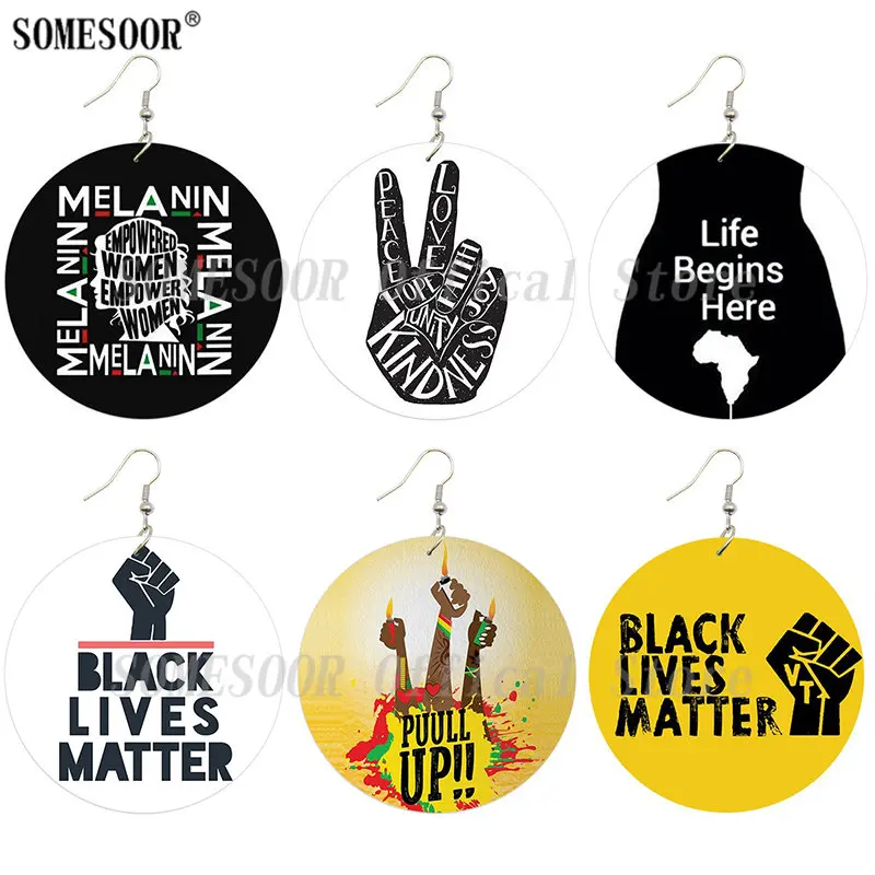 SOMESOOR Empower Melanin Women Fist Wooden Drop Earrings Pull Up Black Live Matters Sayings Designs Printed Africa Wood Jewelry