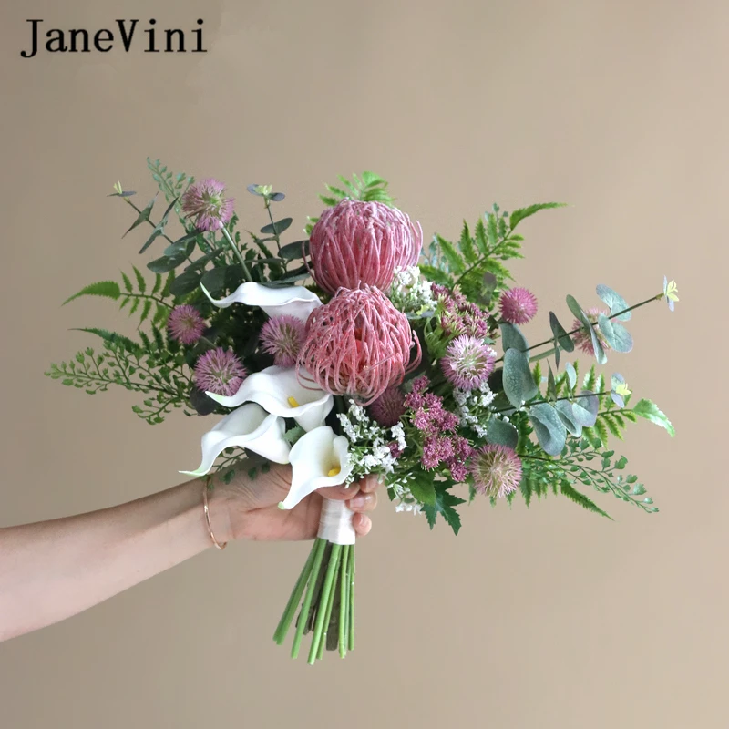 JaneVini New European Fuchsia Wedding Flowers Bridal Bouquets Bridesmaid Calla Lily Artificial Eucalyptus Bride Flower Bouquet