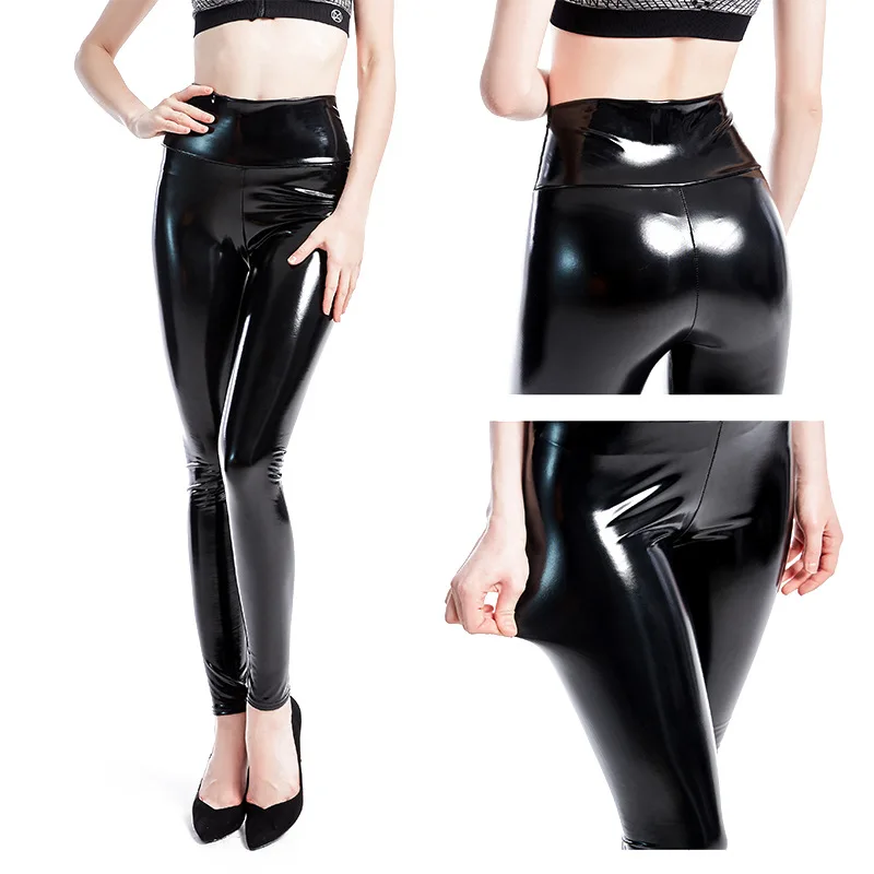 YGYEEG Push Up Women Black Leggings High Waist Elastic PU Leather Skinny Pants Shiny Wet Look Metallic Latex Ankle-Length Bottom