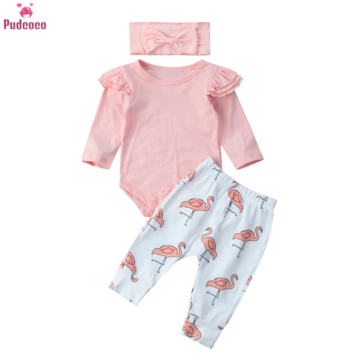 Cute Infant Baby Boys Romper Flying Sleeve Tops + Long Pants Flamingo Headband 3PCS Clothes Set Cute Outfits