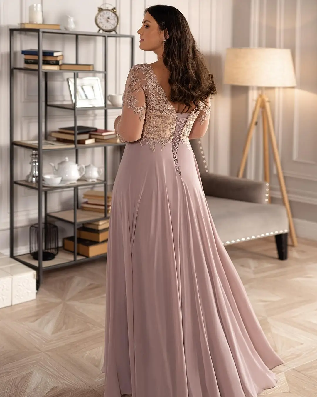 Charming Beaded Lace Plus Size Prom Dresses Sheer Bateau Neck A Line Long Sleeves Evening Gowns Floor Length Chiffon Formal