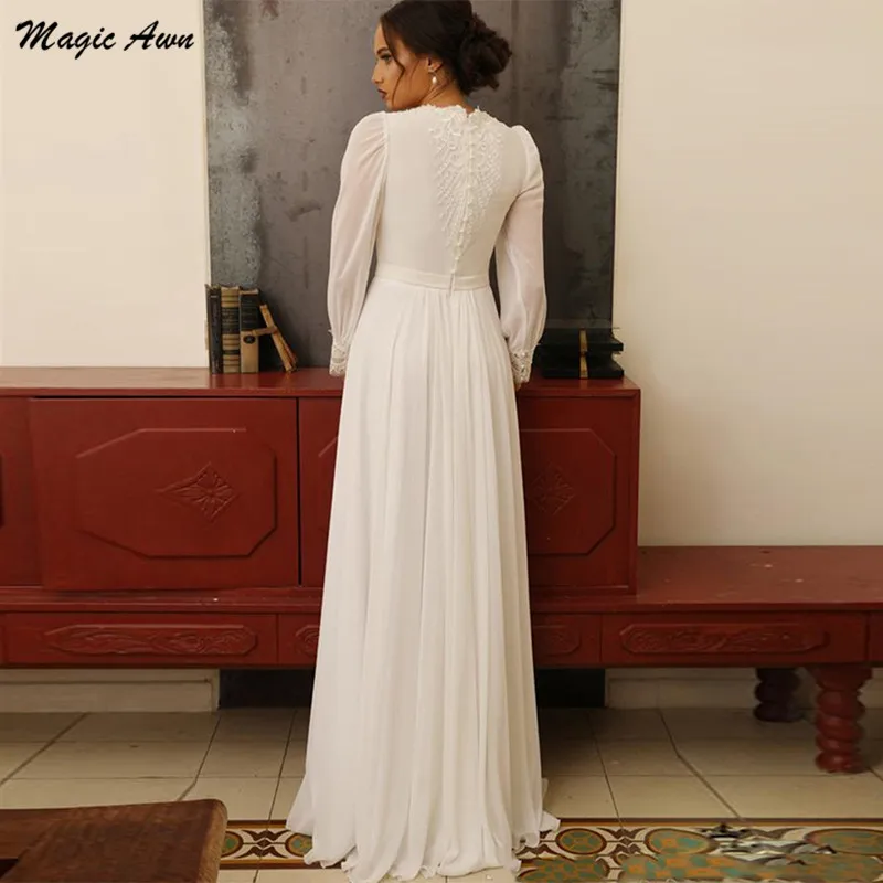 Magic Awn Graceful Long Sleeves Chiffon Wedding Dresses Boho Lace Appliques O-Neck Beach Bridal Gowns Customized Robe De Mariage