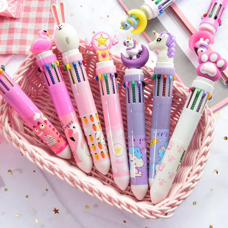 

10pcs/set Ten-colour Ball Pen Colorful Ballpoint Pen Cartoon Multi-colour Push Ball Pen Multi-functional Pen Wholesale Hot Sales