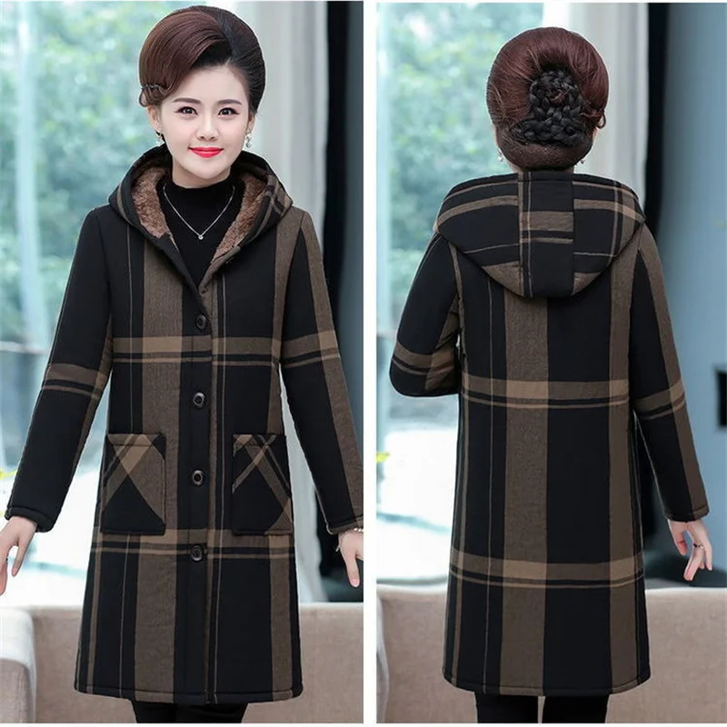 2022Size 5XL Velvet Thick Cotton Winter Padded Jacket Middle-Aged And Elderly Women's Parka Long Mother's Hooded Coat Grid parka