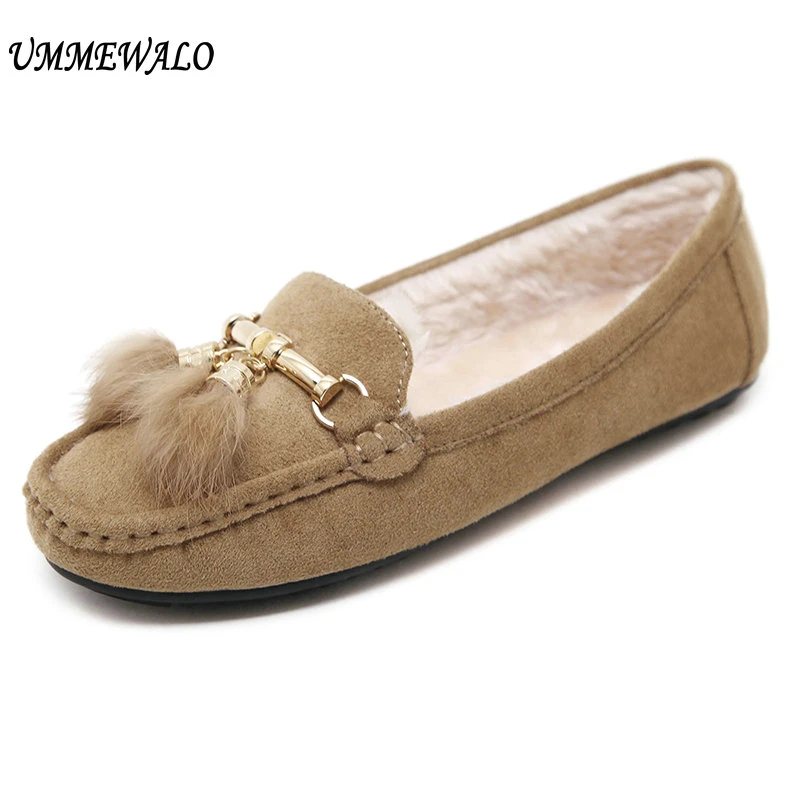 UMMEWALO Flat Shoes Winter Warm Loafer Shoes Women Flock Short Plush Cotton Shoes Mother Loafers Driving Footwear