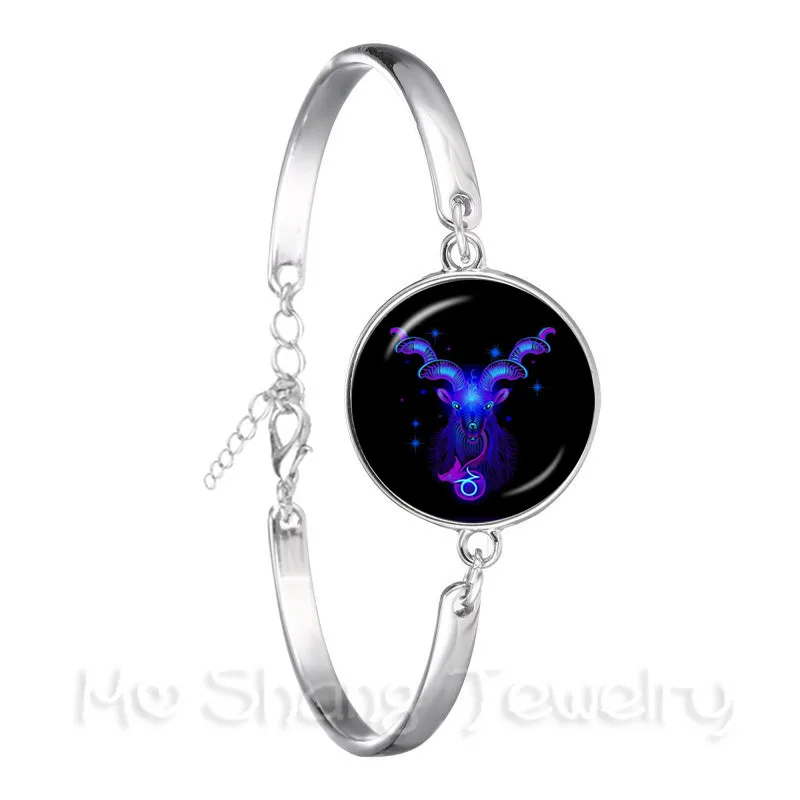 Libra/Scorpio/Sagittarius/Capricorn/Aquarius/Pisces Zodiac Signs Bracelet Retro 12 Constellations Cabochon Glass Gem Birthday