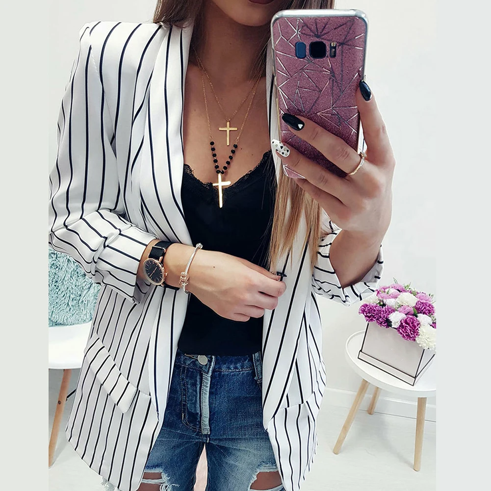 Autumn Winter Fits Women Blazer Mujer Formal Jackets Office Lady Open Front Notched Blazer Coat Fashion Stripe Black White