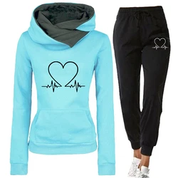 Conjunto de duas peças de treino feminino com capuz e calças quentes, pulôveres femininos, moletons, roupas de jogging, roupas esportivas, roupas de inverno