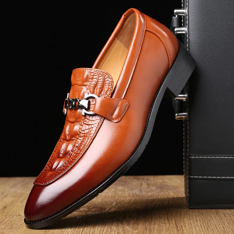 Men's Handmade  Black Crocodile Pattern Metal Buckle Formal Loafer Shoes Retro Classic Fashion All-match Business Dress shoes