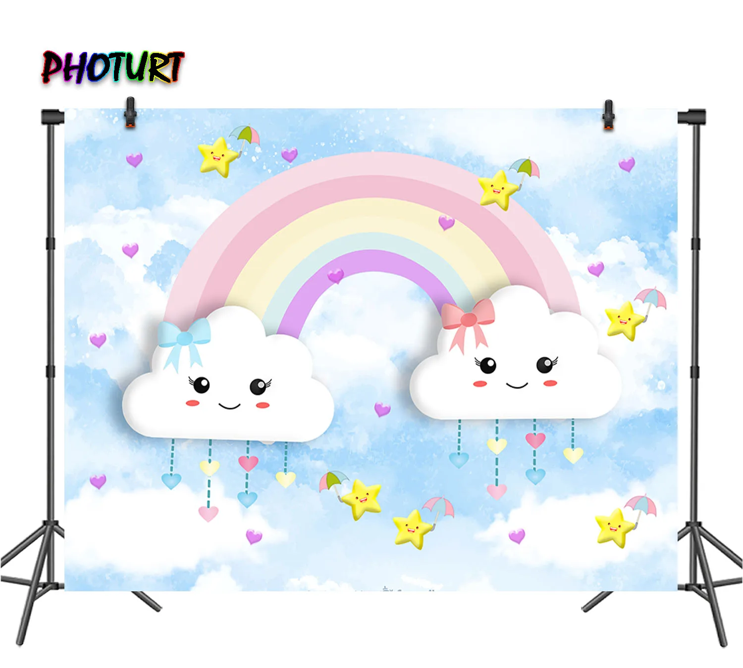 

PHOTURT Lovely Clouds Photography Backdrop Kid Birthday Baby Shower Background Star Rainbow Vinyl Polyester Photo Booth Props