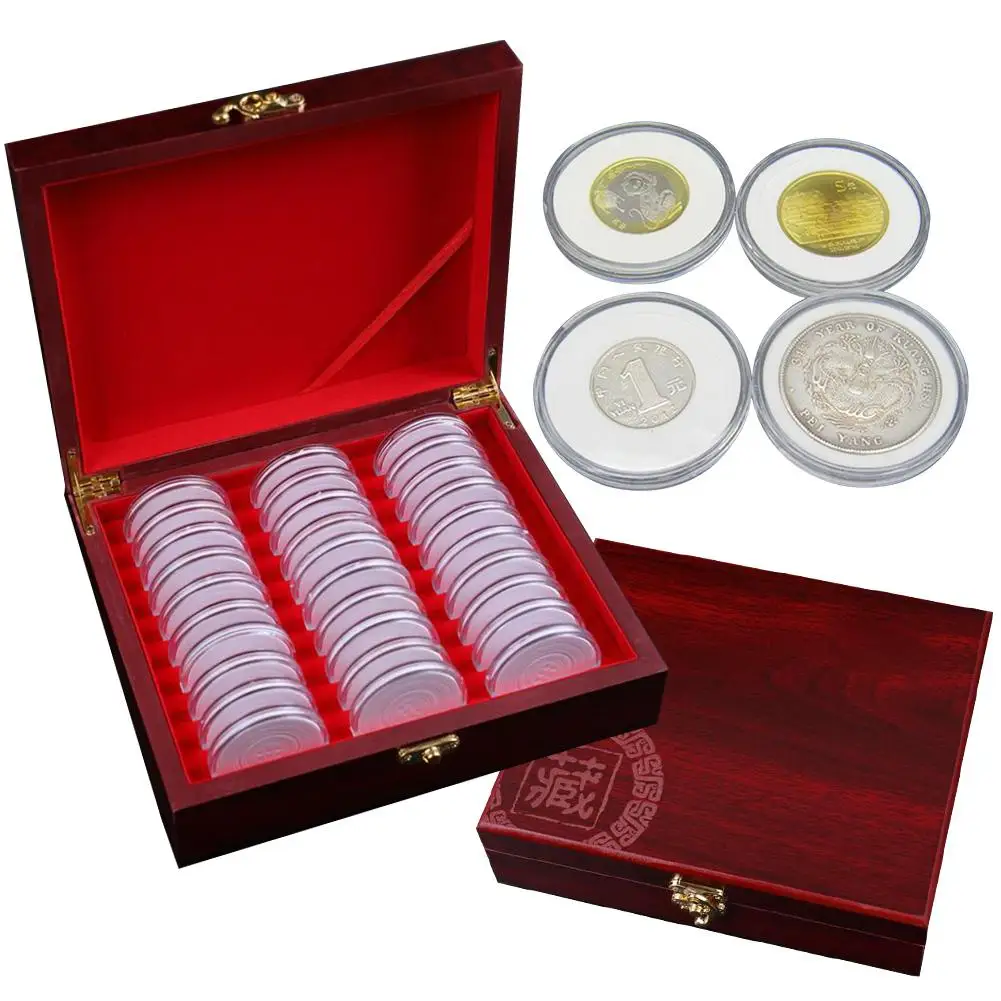 Coin Storage Box 30 PCS Coin Holders with Storage Wooden Box Coin Protection Boxes Coin Collection Box