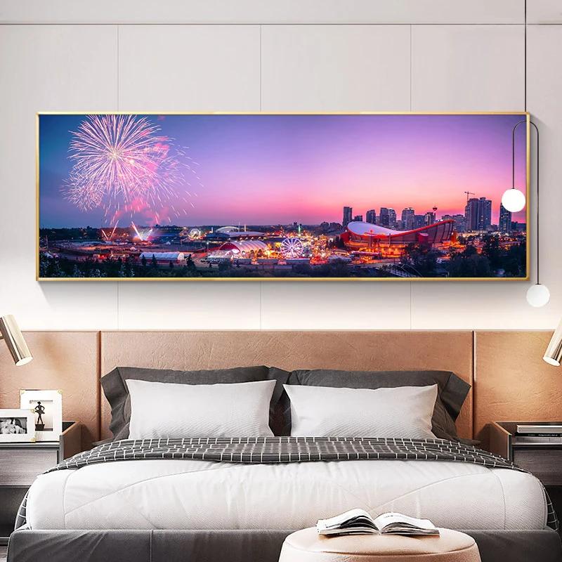 City Fireworks Night View Oil Painting on Canvas Resort Boats Buildings Cuadros Posters and Prints Wall Art for Living Room