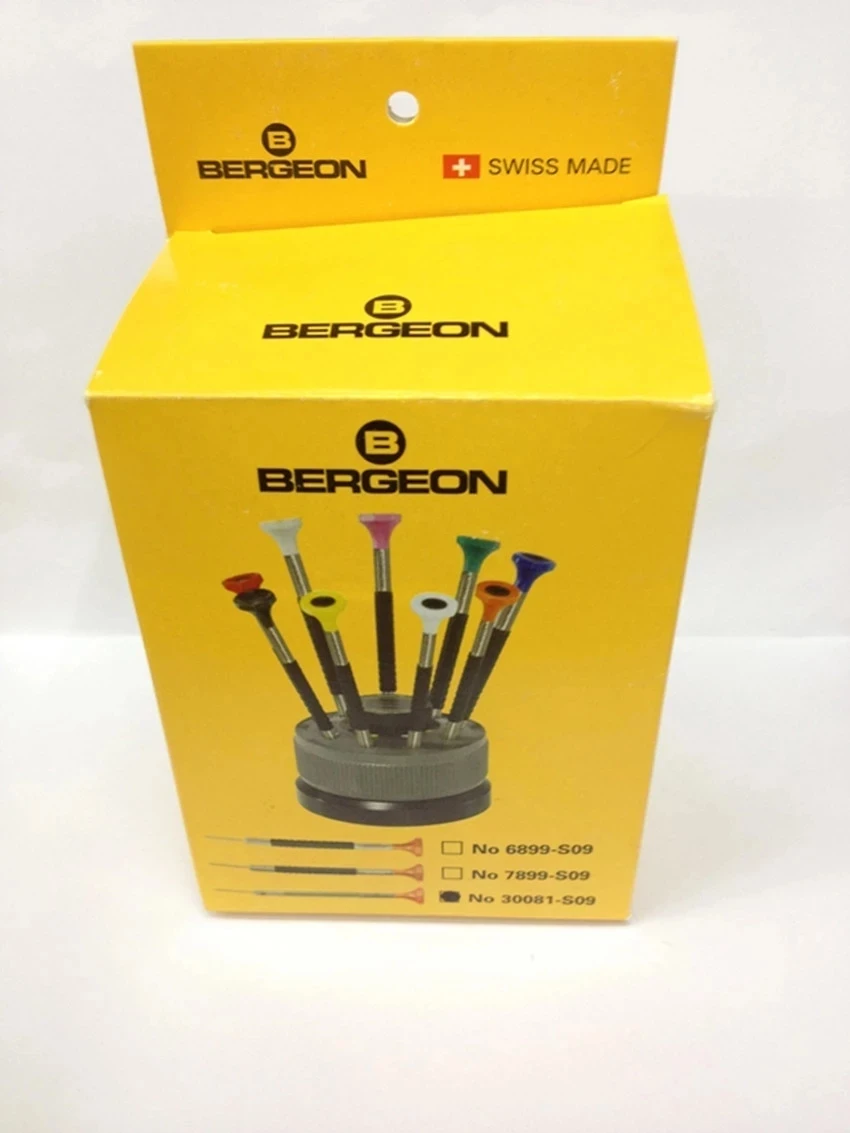 Bergeon 30081-S09 Rotating Stand with 9 Stainless Steel Screwdrivers with Colured Slots for Spare Blades