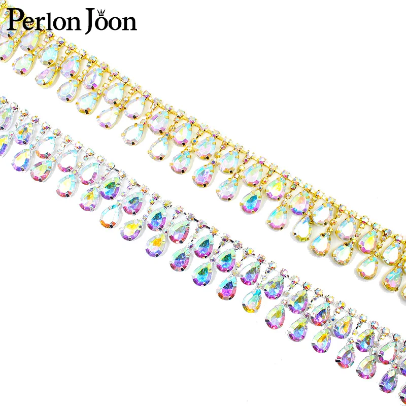 Gold Silver AB Color Rhinestone Trim Acrylic Crystal Water Drop Pendant Beard Chain Curtain Skirt Trim Decorative ML148