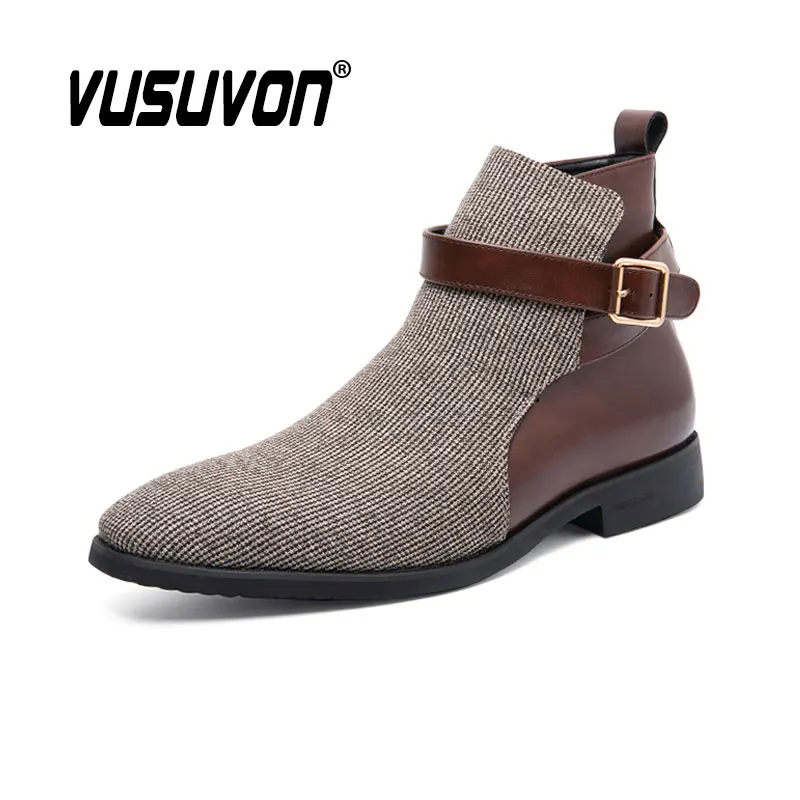 Vintage Leather & Mesh Ankle Boots Men High Top Iron Chain Buckle Strap Punk Shoes Pointed Toe Fashion Cowboy Big Size 47 48