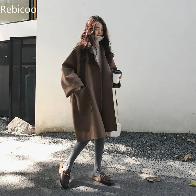 

NEW Women Spring autumn coat Long Solid color coat Big size Female trench coat Woolen coat classic style Loose