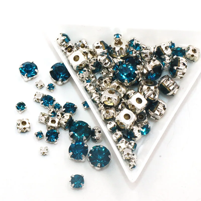 Free shipping 100pcs/pack Mixed size Peacock blue glass crystal sliver base sew on rhinestones diy apparel accessories