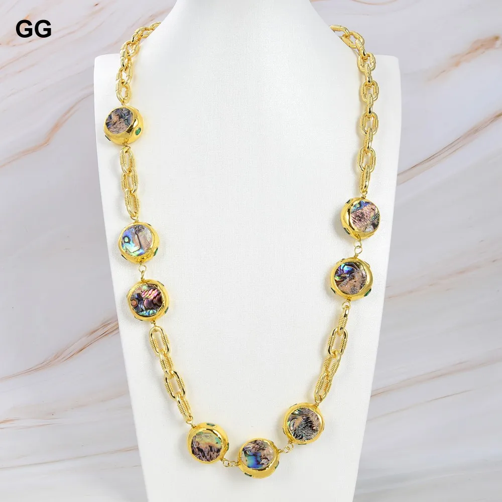 GG Natural Rainbow Color Abalone Shell Beads Gold Plated Chain Long Necklace 28