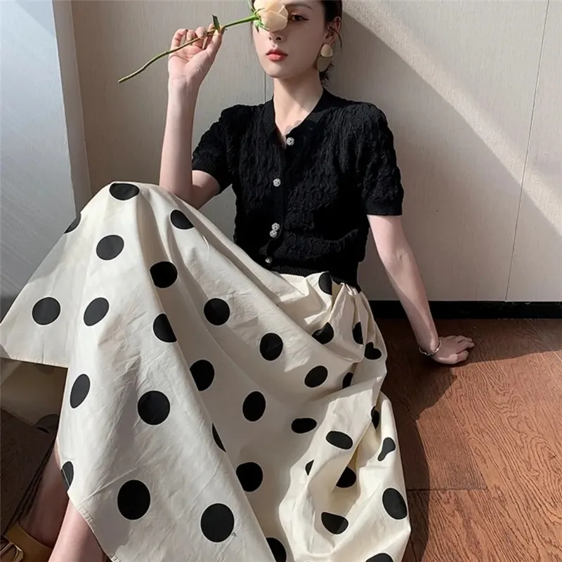 2023 Vintage Polka Dot Big Swing A-line Skirts Spring Summer Slimming High Waist Elasticity Skirt Women Long Skirt Casual Female