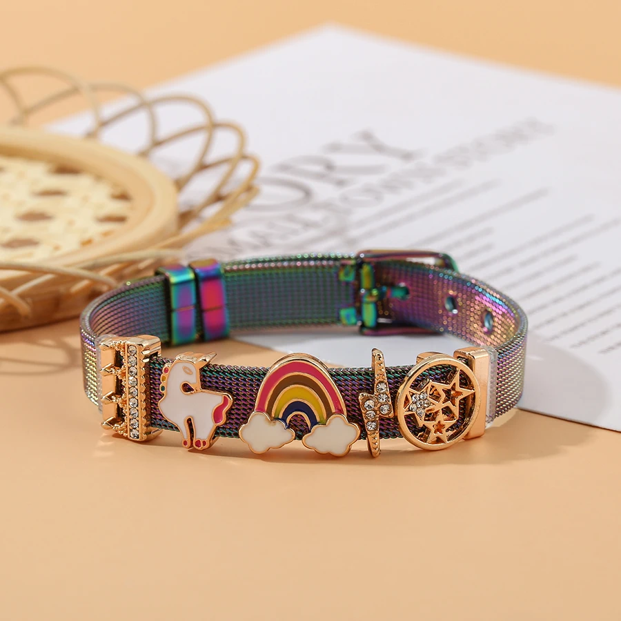 Hip Hop Style Stainless Steel Mesh Bracelets For Women Men Unicorn Rainbow Star Lightning Charm Watch Bracelet Jewelry Gift image 2