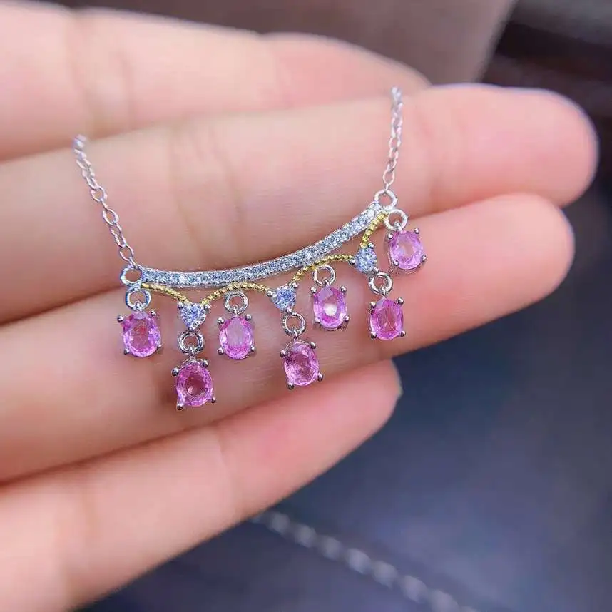 

Fine Jewelry 925 Sterling Silver Natural Pink Sapphire Pendant of Women Necklace Support Test Elegant Character Party Gift