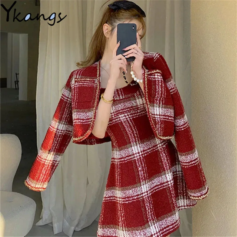 

Woolen Harajuku Y2k Plaid Short Blazer Christmas Clothes Women Winter A-line Dress Sets Korean Fashion Suits 2-piece Set Female