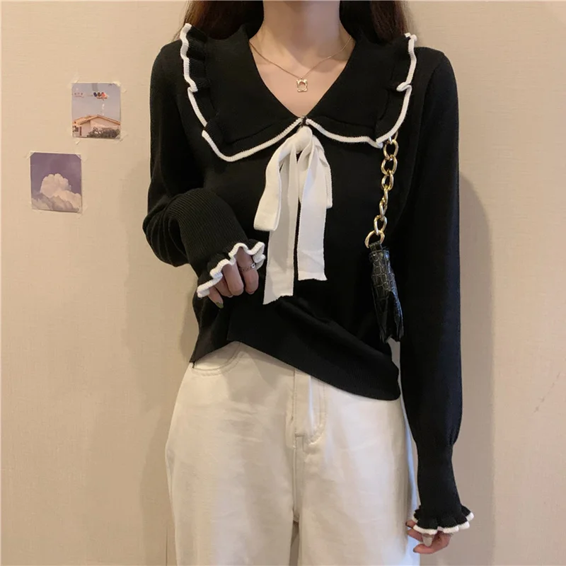 Y2k Pullovers Women Bow All-match Basic Sweater Flare Sleeve BF Peter Pan Collar Knitting Harajuku Spring Soft Clothing Elegant