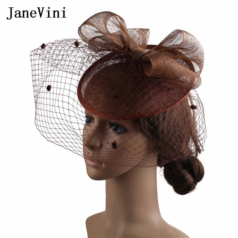 JaneVini-sombreros de cóctel elegantes para mujer, tocados formales para boda, fiesta de lujo, lazo negro, velo de encaje, sombrero de gasa