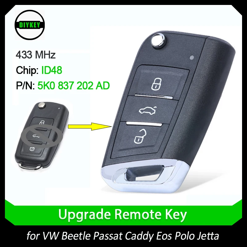 

DIYKEY 5K0 837 202 AD for Volkswagen Beetle Passat Caddy Eos Polo Jetta 434MHz ID48 3 Button Upgraded Remote Key 5K0837202AD