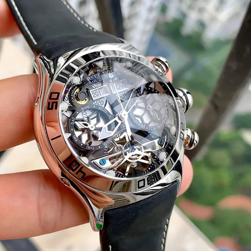 Reef Tiger/RT Men Sport Watch Automatic Skeleton Watch Steel Waterproof Tourbillon Watch with Date Day reloj hombre RGA703