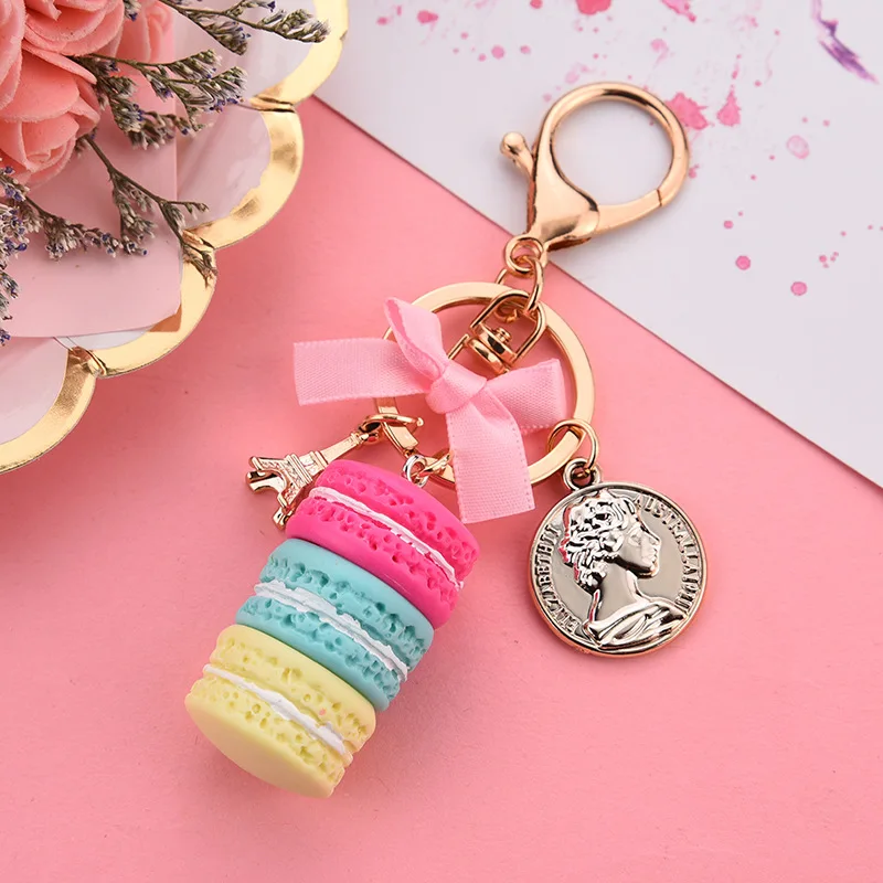 New macaron cake keychain bow Paris tower key ring charm car keychain party gift Jewelry 3087