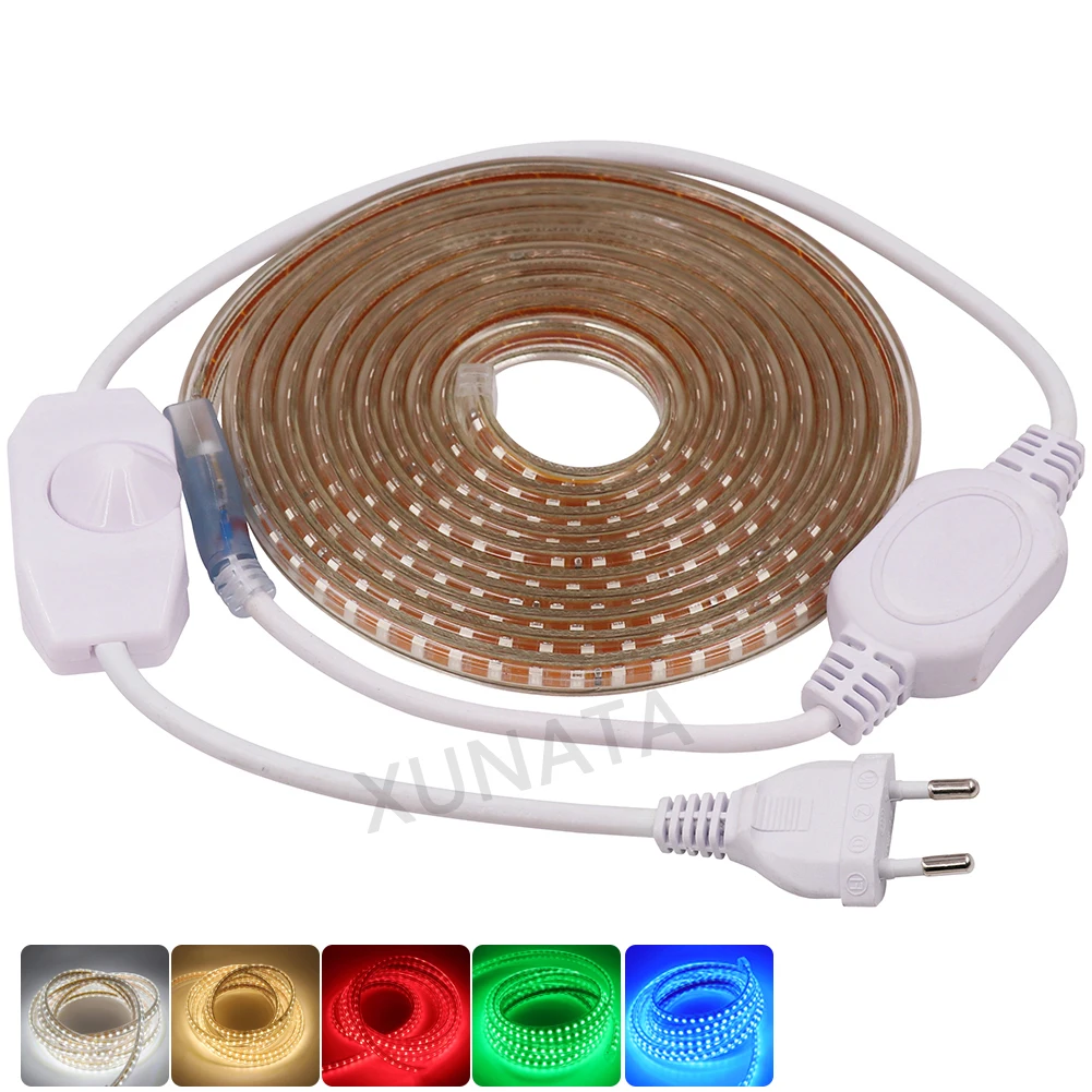 220V LED Strip Waterproof Outdoor Lighting SMD 2835 120 LEDs/m Ribbon Tape Flexible LED Light Lamp With EU Dimmer Plug