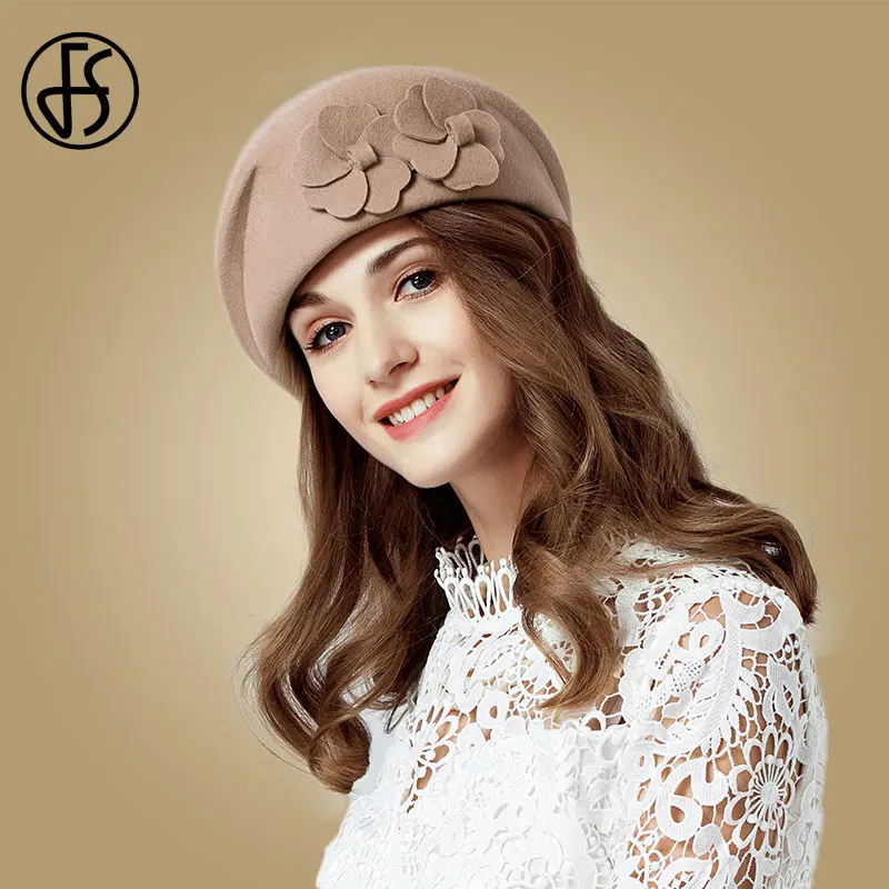 FS Vintage Black French Beret 100% Wool Hat For Women Red Pink Flower Fedora Winter Felt Ladies Church Hats Chepeau Feminino