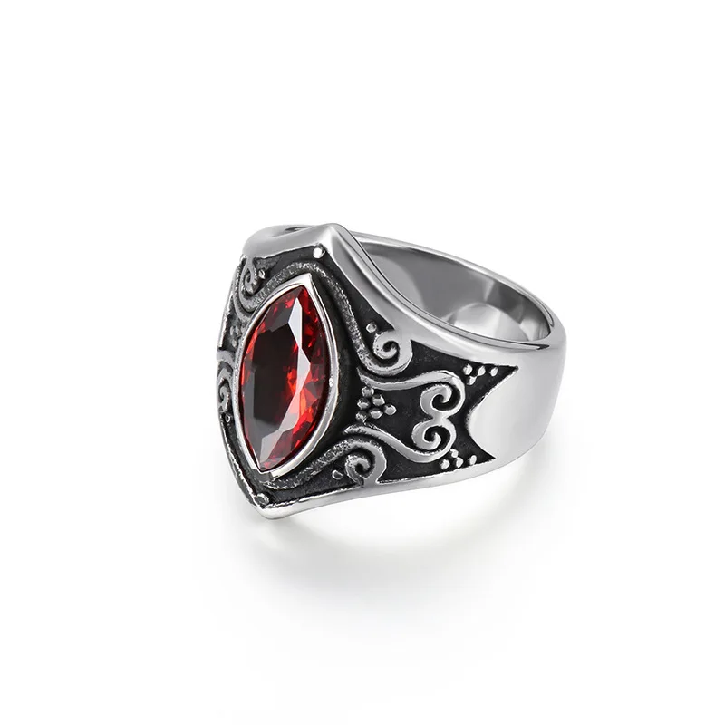 Vintage Jewelry Stainless Steel Red Stone Carved Men\'s Ring Personality Fashion Ring