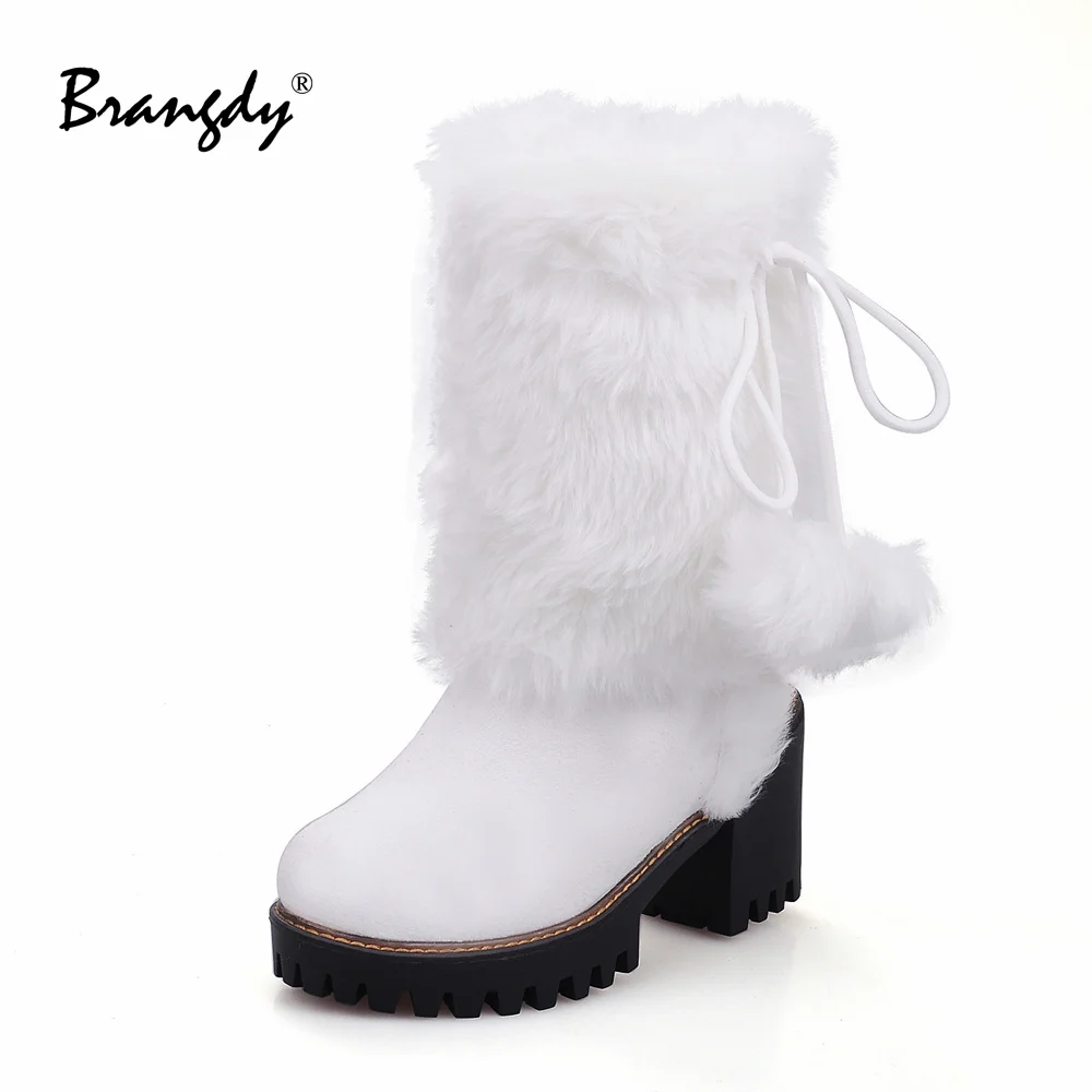 Brangdy Winter Women Shoes Женские сапо PU Non-Slip Square Heels Women Round Toe Fur Ball Womens Winter Mid Calf Boots Keep Warm