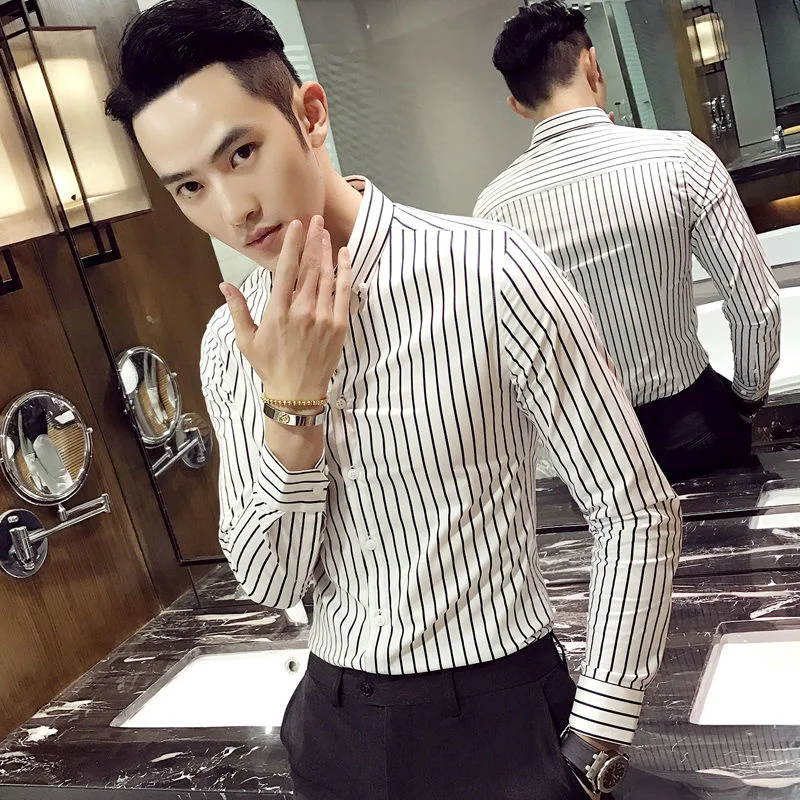 Summer 2022 Men's Classic Long Sleeve Striped Basic Shirts Men Formal Business Standard-fit Office Social Shirt Casual Top A145