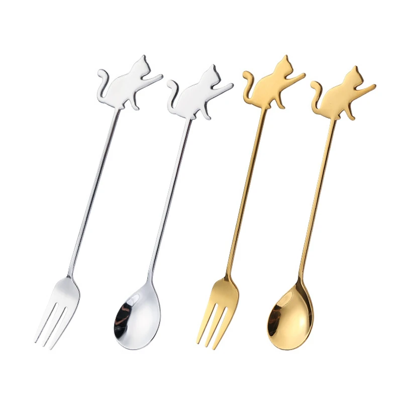 Creative Stainless Steel Coffee Stirring Spoon Cartoon Cat Fish Hanging Cup Teaspoon Fruit Dessert Fork Milk Ice Cream Tableware