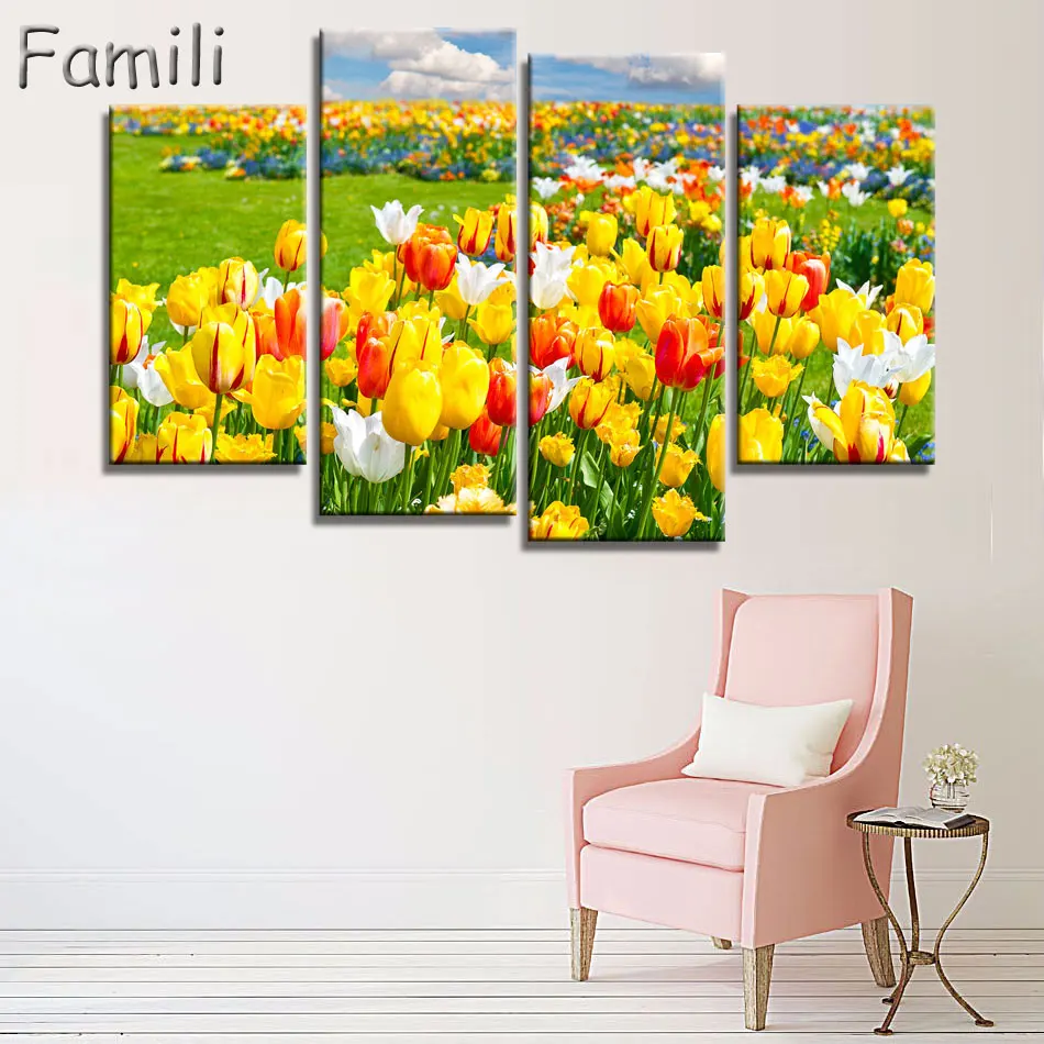 No Frame pictures 4PCS Modular Wall Picture Art Painting Of Roses Tulips Print On Canvas Paintings Posters Living Room Bedroom