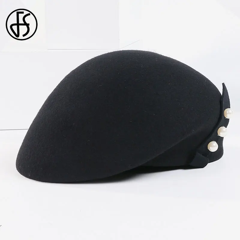 FS Women Hat Elegant Winter 100% Wool Felt Fedora Black Camel Ladies Hats For Wedding Fascinators Pearls Berets Caps Pillbox Hat