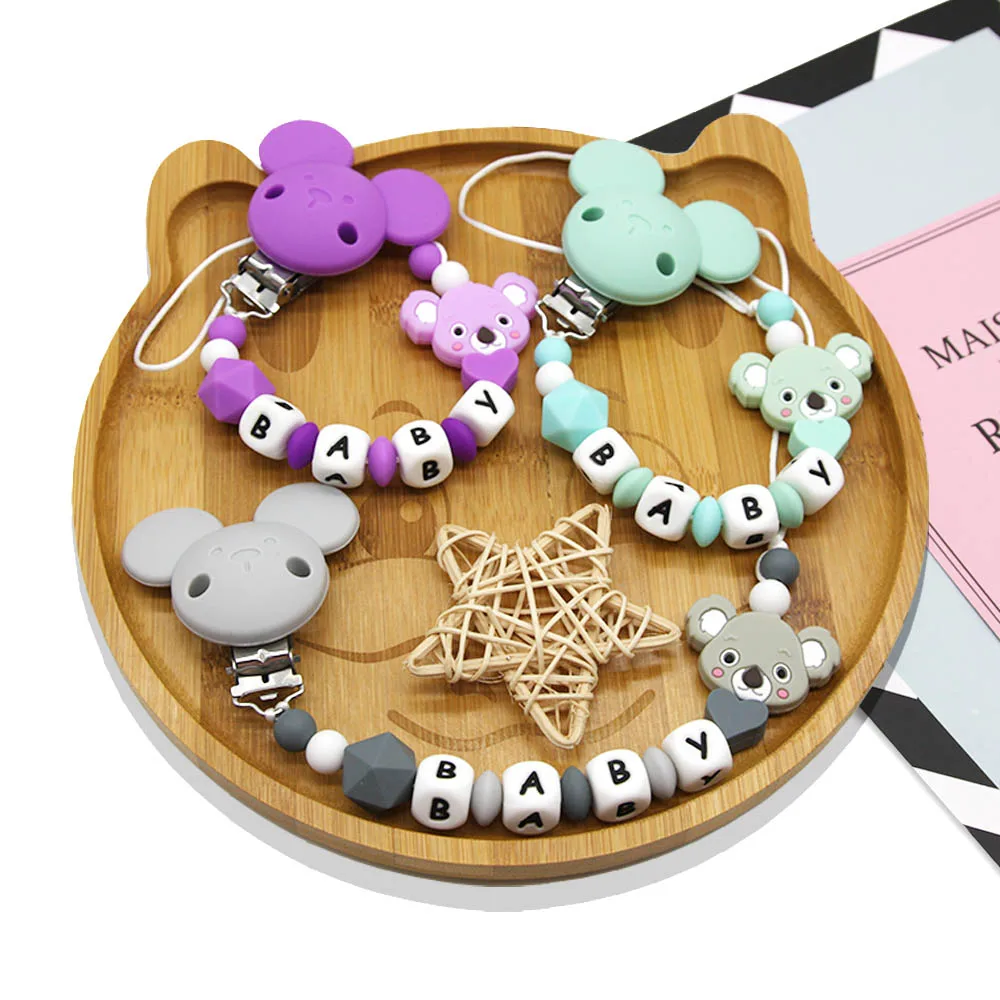 Cute-idea Personalized Name Handmade Pacifier Clip Holder Chain Silicone Pacifier Chains  Koala head Baby Teether Teething Chain