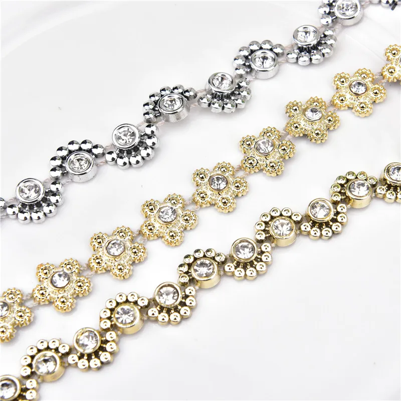 5 Yards/Lot Gold Rhinestone Flower Chain Resin Crystal Sewing Lace Beaded Plastic Base Trimming For Shoes Bag Clothes Decoration