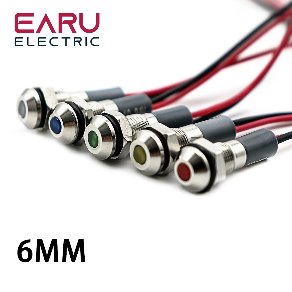 Luz indicadora de advertencia LED de Metal de 6mm, lámpara de señal impermeable IP67, interruptor de cables piloto, 5/12/24/220V, rojo, verde, azul,