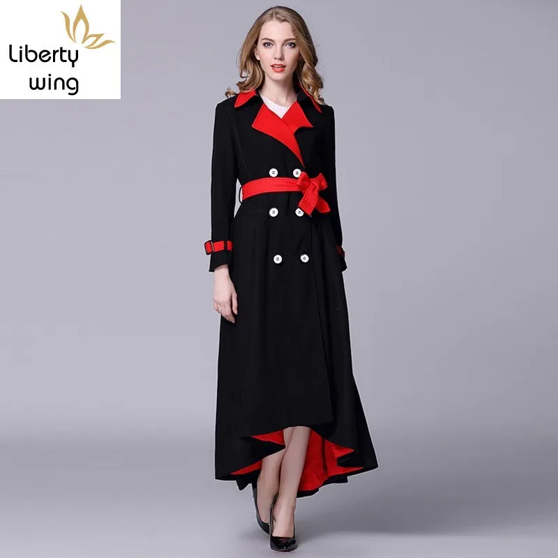 

Winter Top Women Double Breasted Long Wool Blends Coat Fashion Elegant Belt Turn Down Collar Thick Warm Overcoat Female S-L