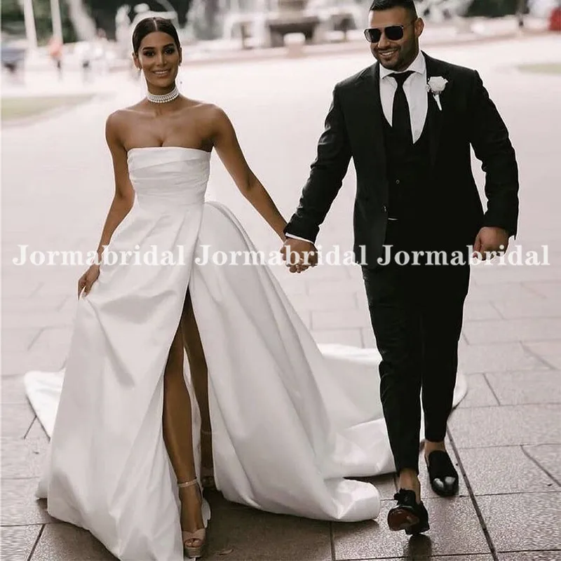 Sexy High Slit Satin Hochzeit Kleider Mit Drapierten Rock Nach Maß A-Line Liebsten Braut Kleid Korsett Robe Dentelle Femme