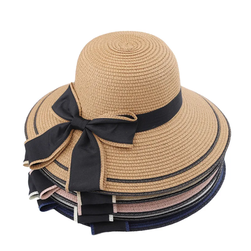 Neuer Strohhut für Damen, Sommer-Outdoor-Sonnenhut mit Schleifenband, Großer Rand, Sonnenschutz, Visor-Kappen für Mädchen