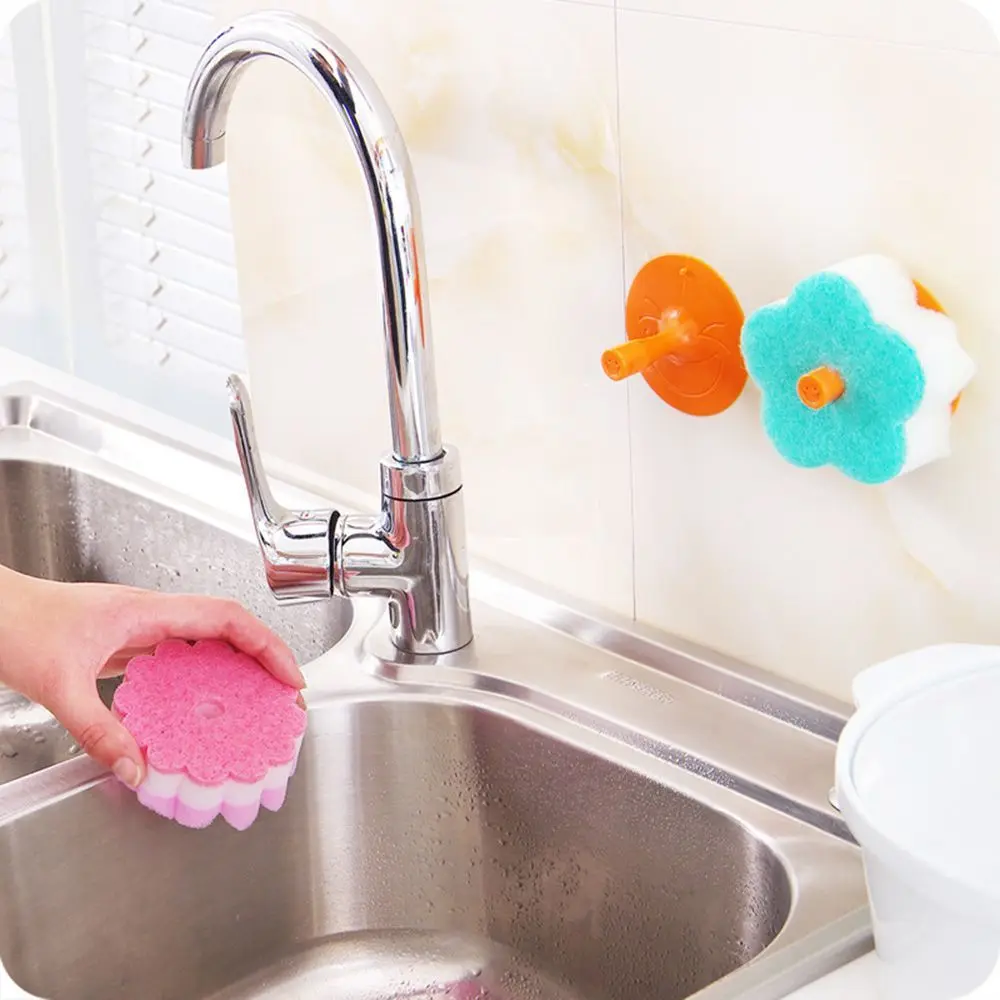 Practical Sponges Scouring Pads Flower Shape Sponge Brush Tableware Glass Wash Dishes Kitchen Cleaning Tool Random Color